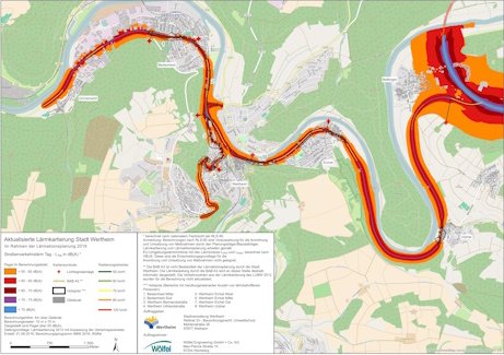 Lärmkarte im Rahmen der Lärmaktionsplanung Die Abbildung zeigt eine Lärmkarte der Lärmkartierung im Rahmen der Lärmaktionsplanung