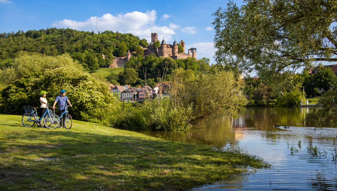 Zwei Fahrradfahrer schieben ihre Räder über die grüne Wiese entlang der Tauber. Im Hintergrund ist die Wertheimer Burg zu sehen.