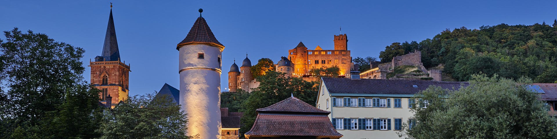 Blick auf die Wertheimer Stadtschönheuten im Abendlicht.